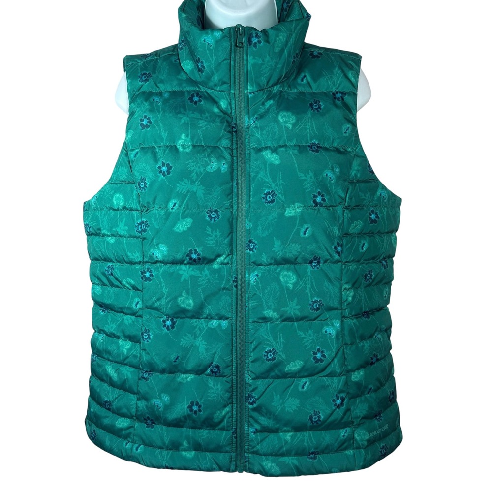 Lands End Womens Puffer Vest Teal Green Floral Down Full Zip Medium 10-12